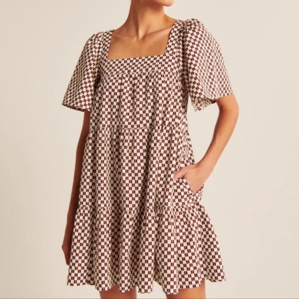 EUC Abercrombie & Fitch Angel Sleeve Trapeze Mini Dress Brown Checkered Size S‎